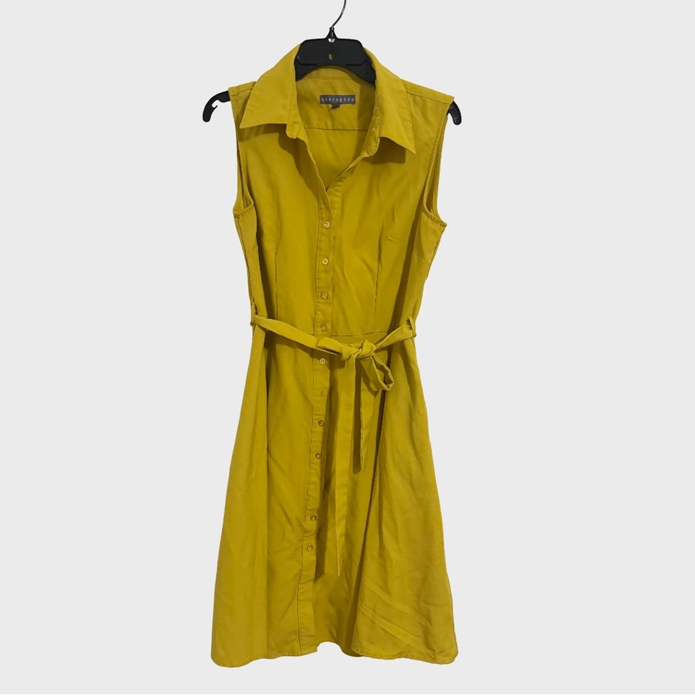 Sharagano Chartreuse Yellow Buttoned Belted Midi Sleeveless Dress.